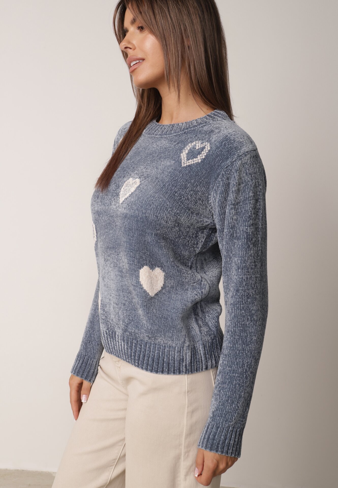 j&x Pulover din bumbac decorat cu motiv de inimi Lovric Albastru
