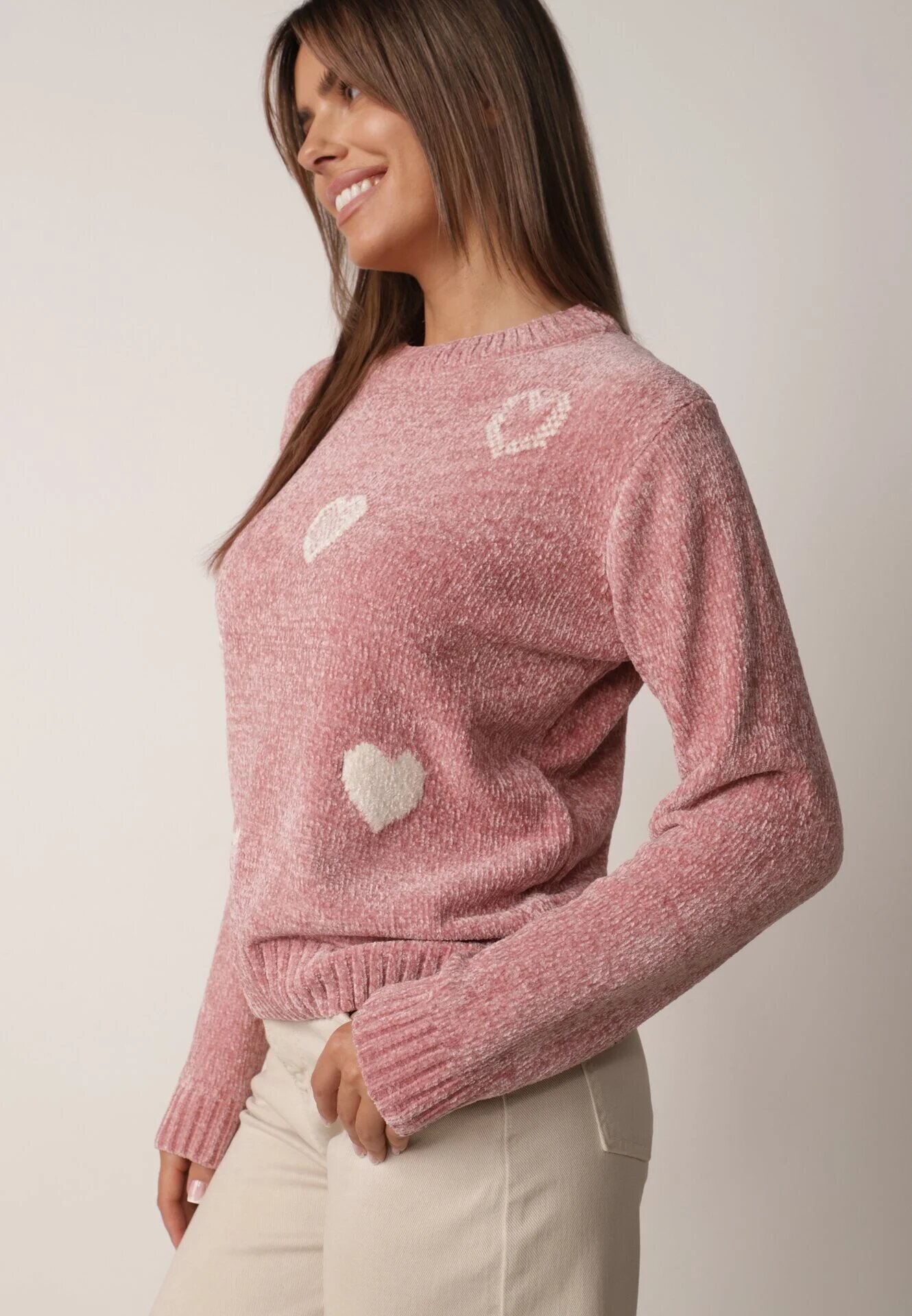 j&x Pulover din bumbac decorat cu motiv de inimi Lovric Roz