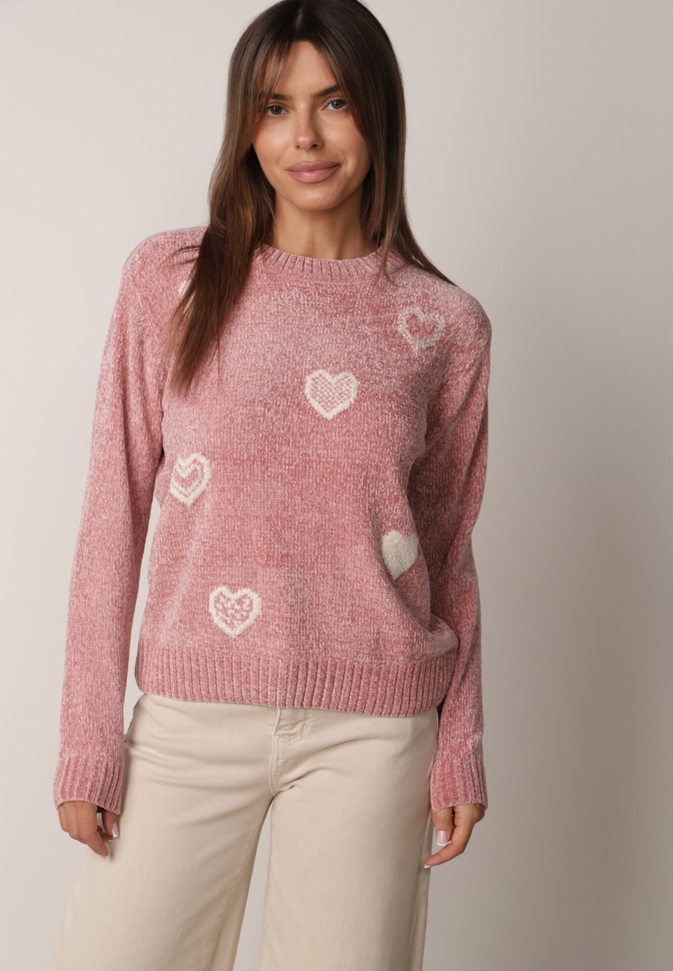 j&x Pulover din bumbac decorat cu motiv de inimi Lovric Roz