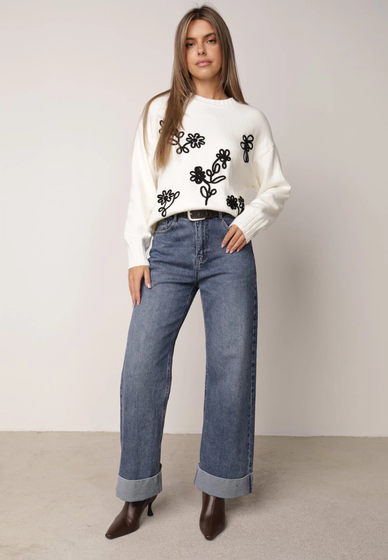 j&x Pulover din bumbac lână și broderie cu flori Zalto Bej deschis
