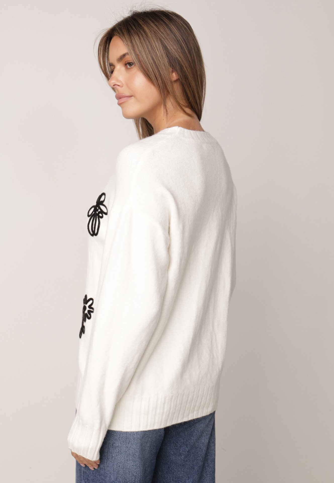 j&x Pulover din bumbac lână și broderie cu flori Zalto Bej deschis