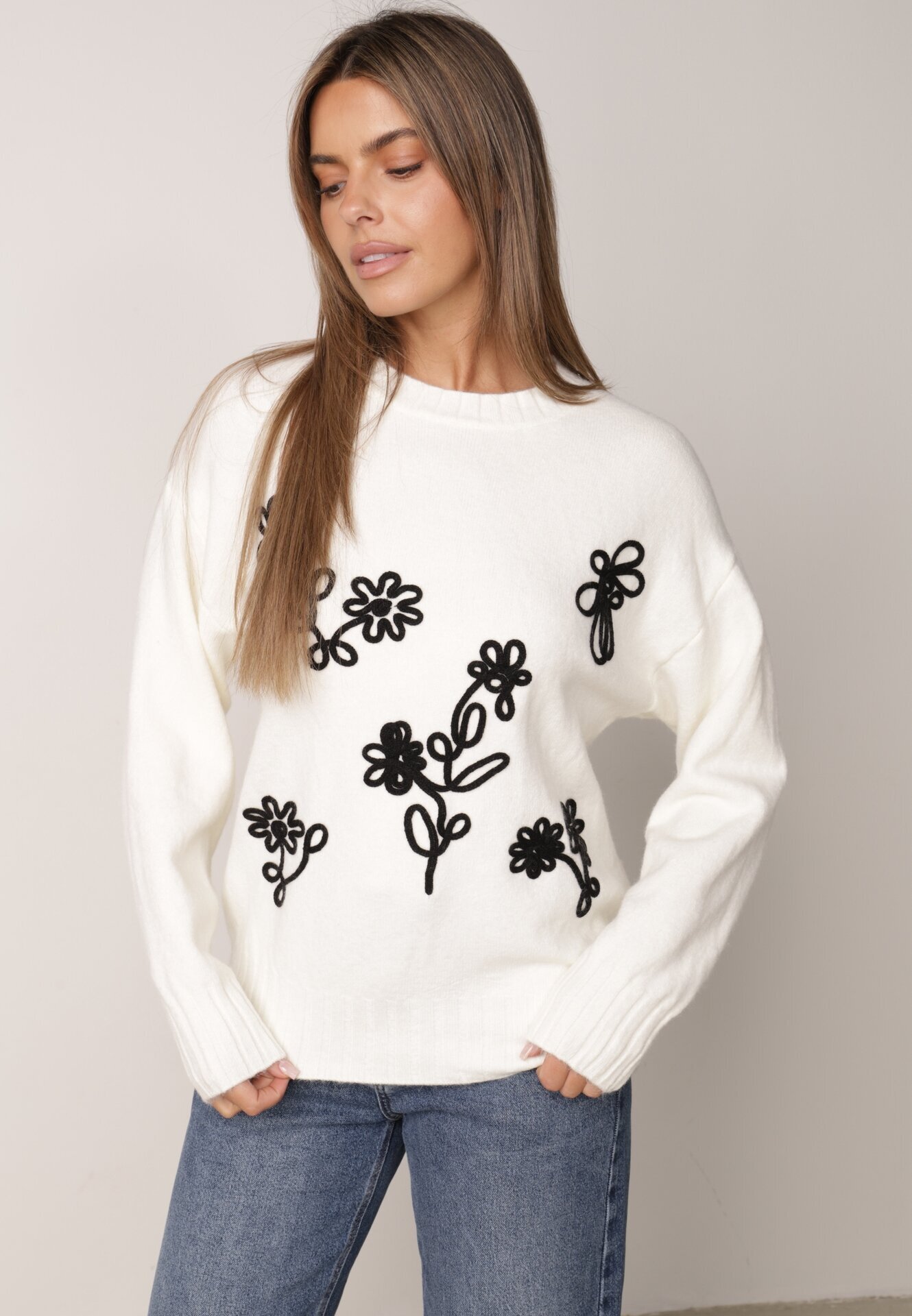 j&x Pulover din bumbac lână și broderie cu flori Zalto Bej deschis