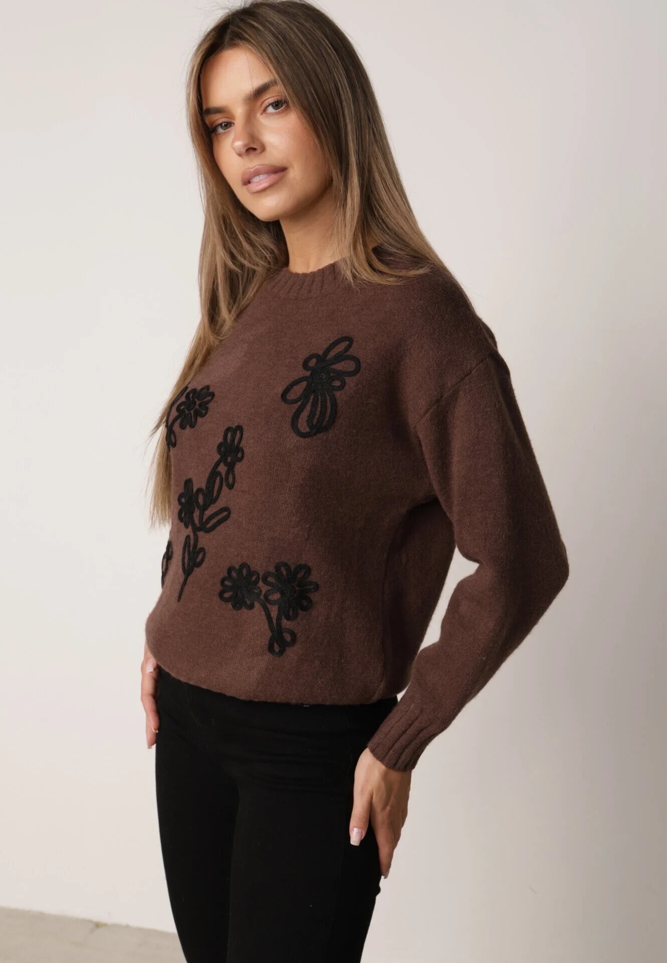 j&x Pulover din bumbac lână și broderie cu flori Zalto Maro