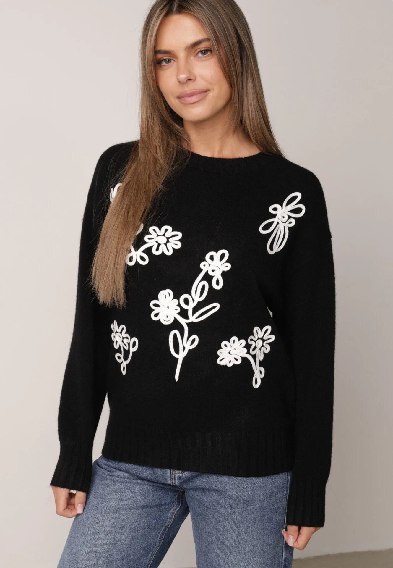 j&x Pulover din bumbac lână și broderie cu flori Zalto Negru