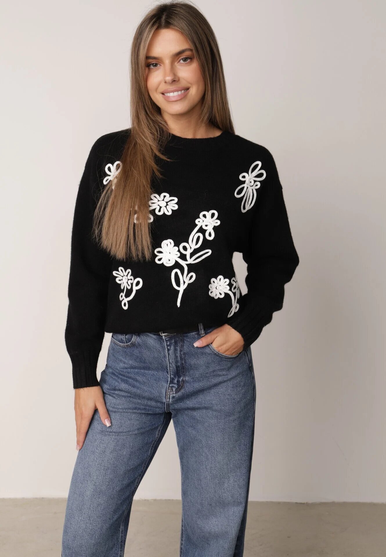 j&x Pulover din bumbac lână și broderie cu flori Zalto Negru