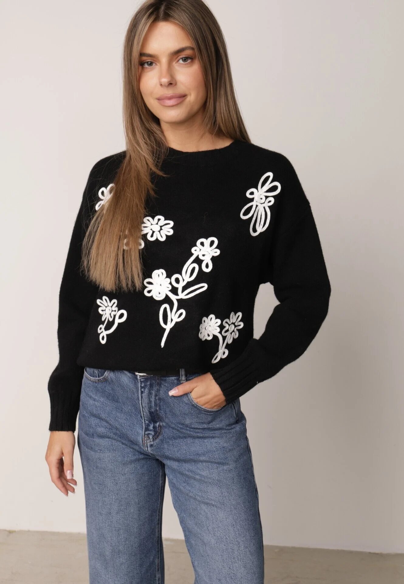 j&x Pulover din bumbac lână și broderie cu flori Zalto Negru