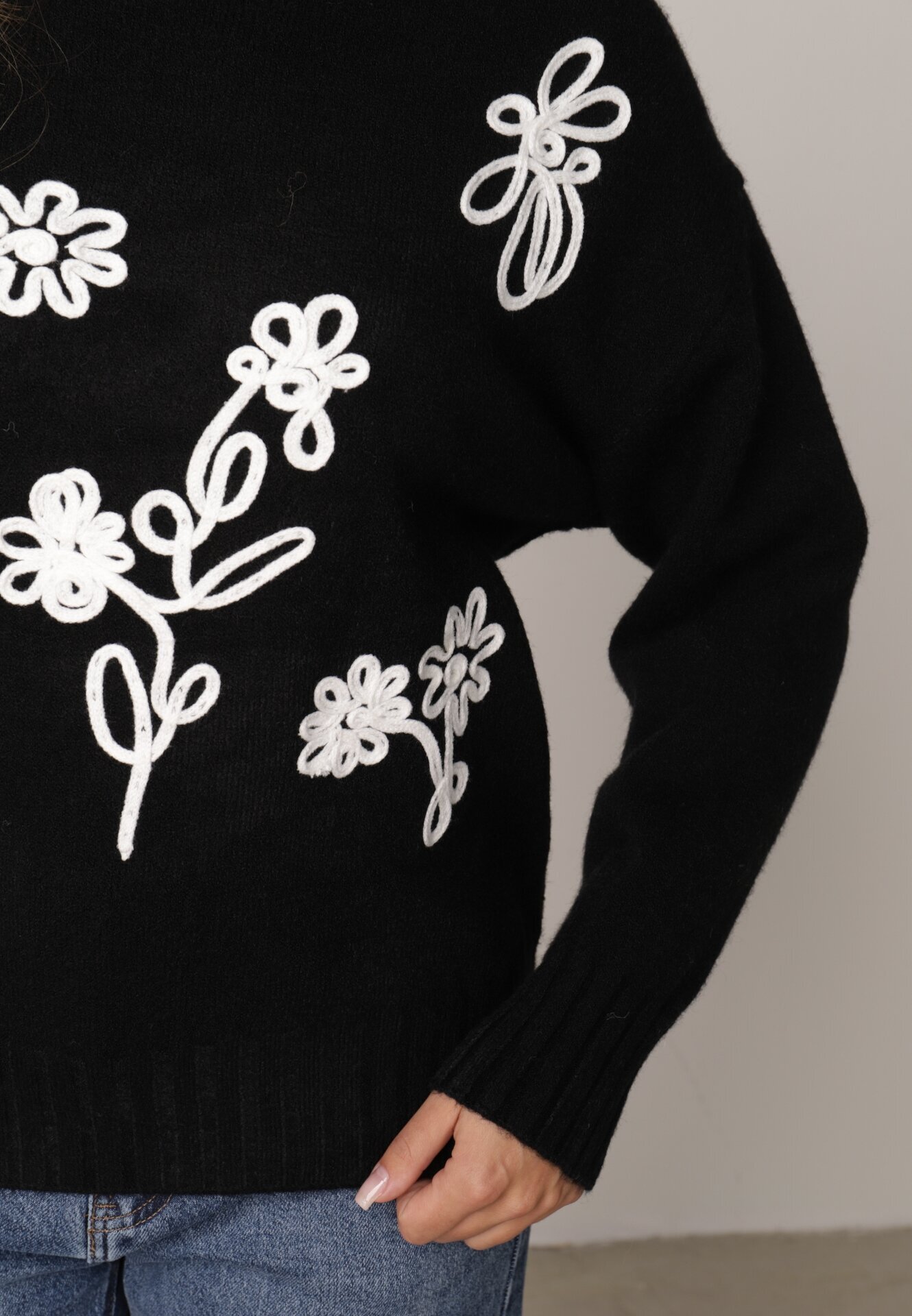 j&x Pulover din bumbac lână și broderie cu flori Zalto Negru