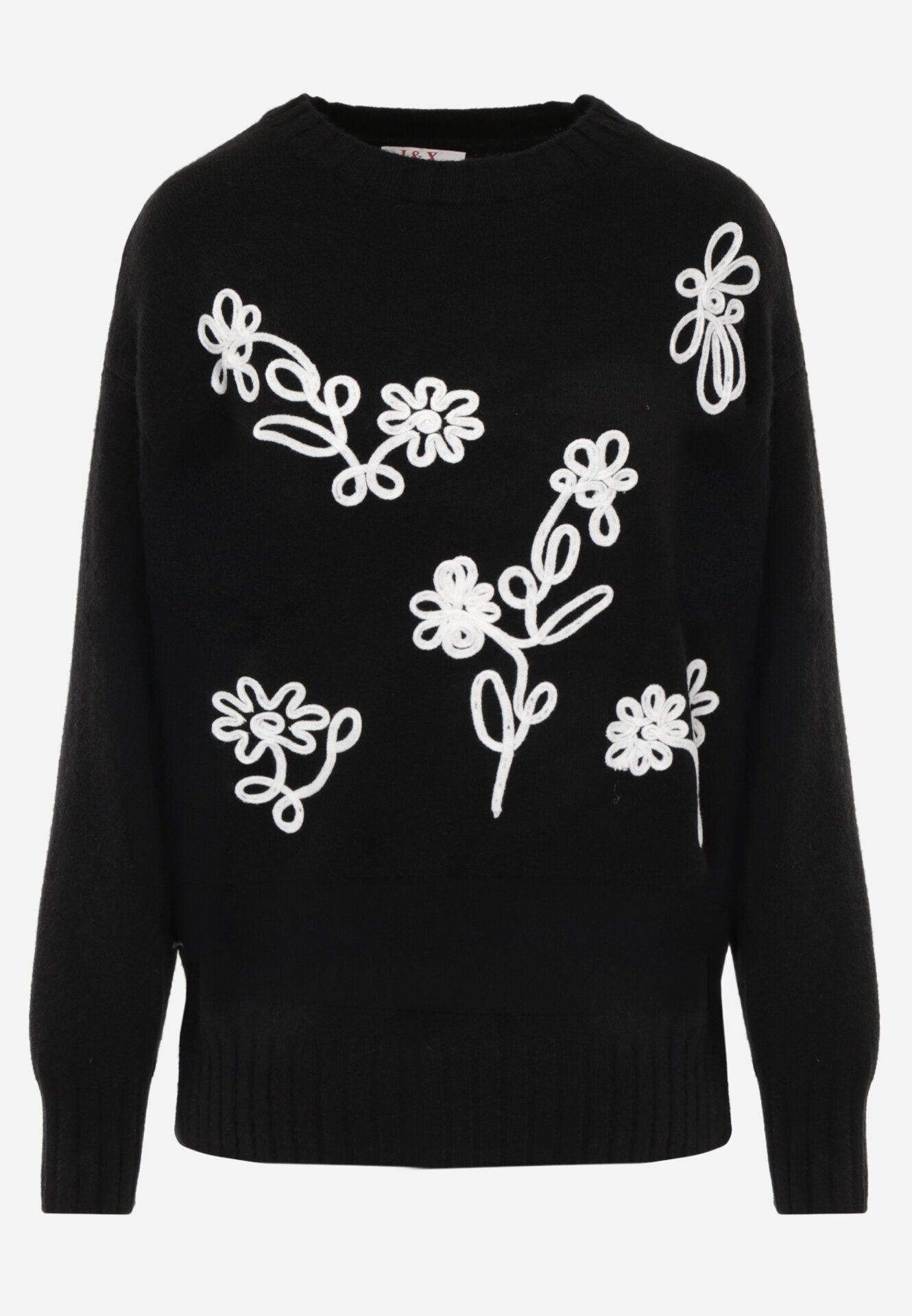 j&x Pulover din bumbac lână și broderie cu flori Zalto Negru
