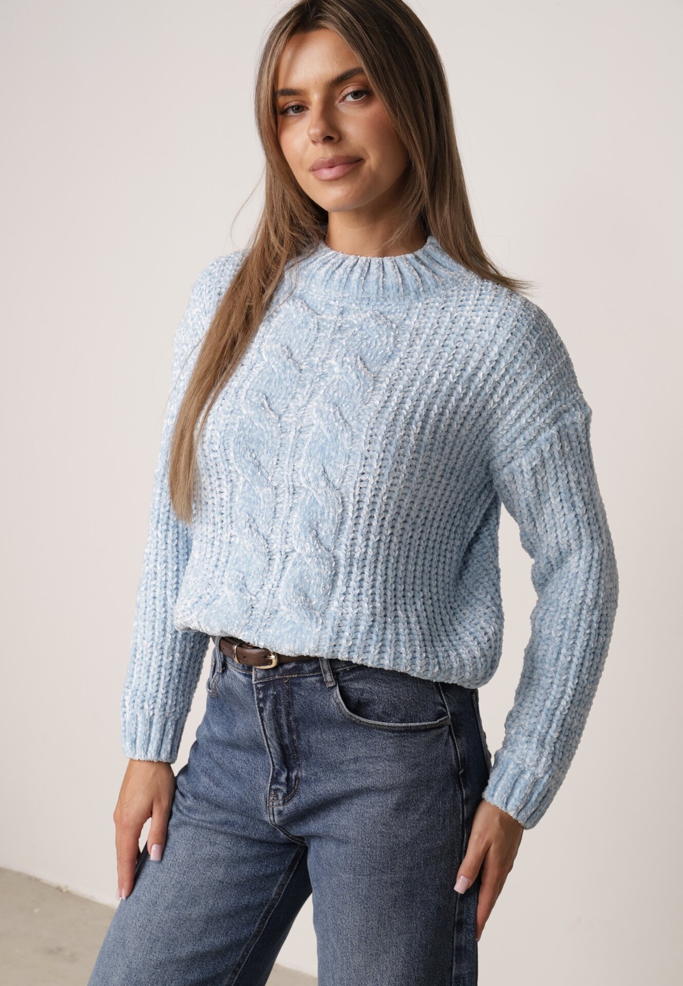 j&x Pulover din bumbac pentru iarnă cu împletituri decorative Earte Albastru