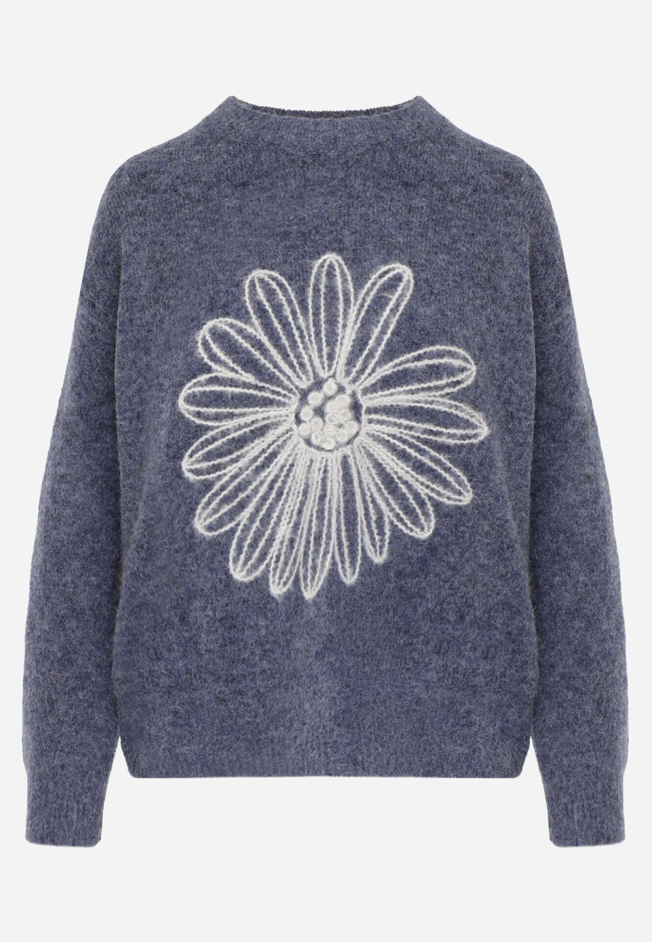 j&x Pulover din bumbac și lână decorat cu broderie florală în față Deta Bleumarin
