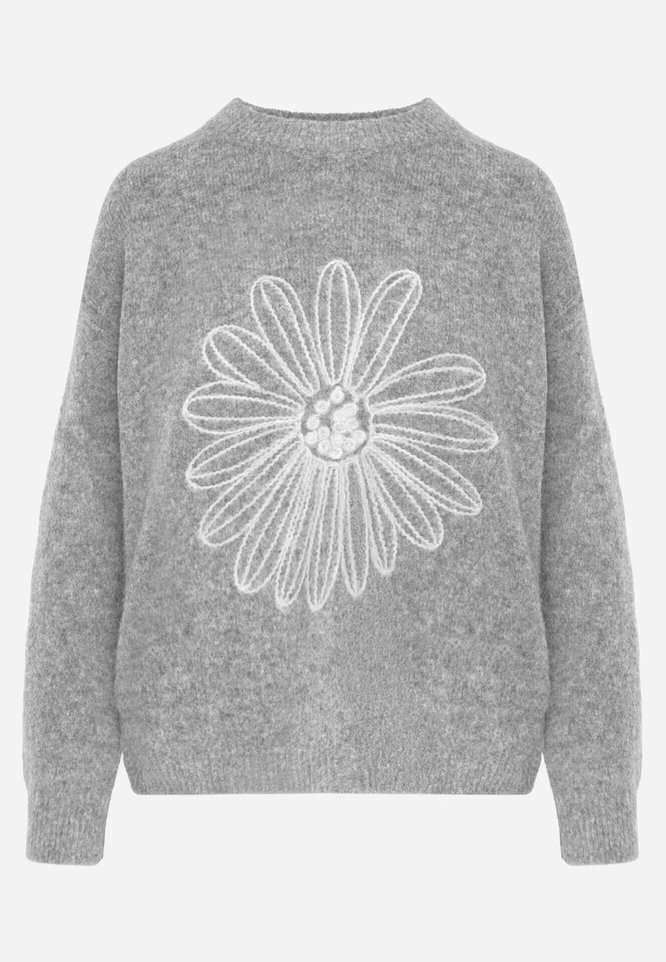 j&x Pulover din bumbac și lână decorat cu broderie florală în față Deta Gri