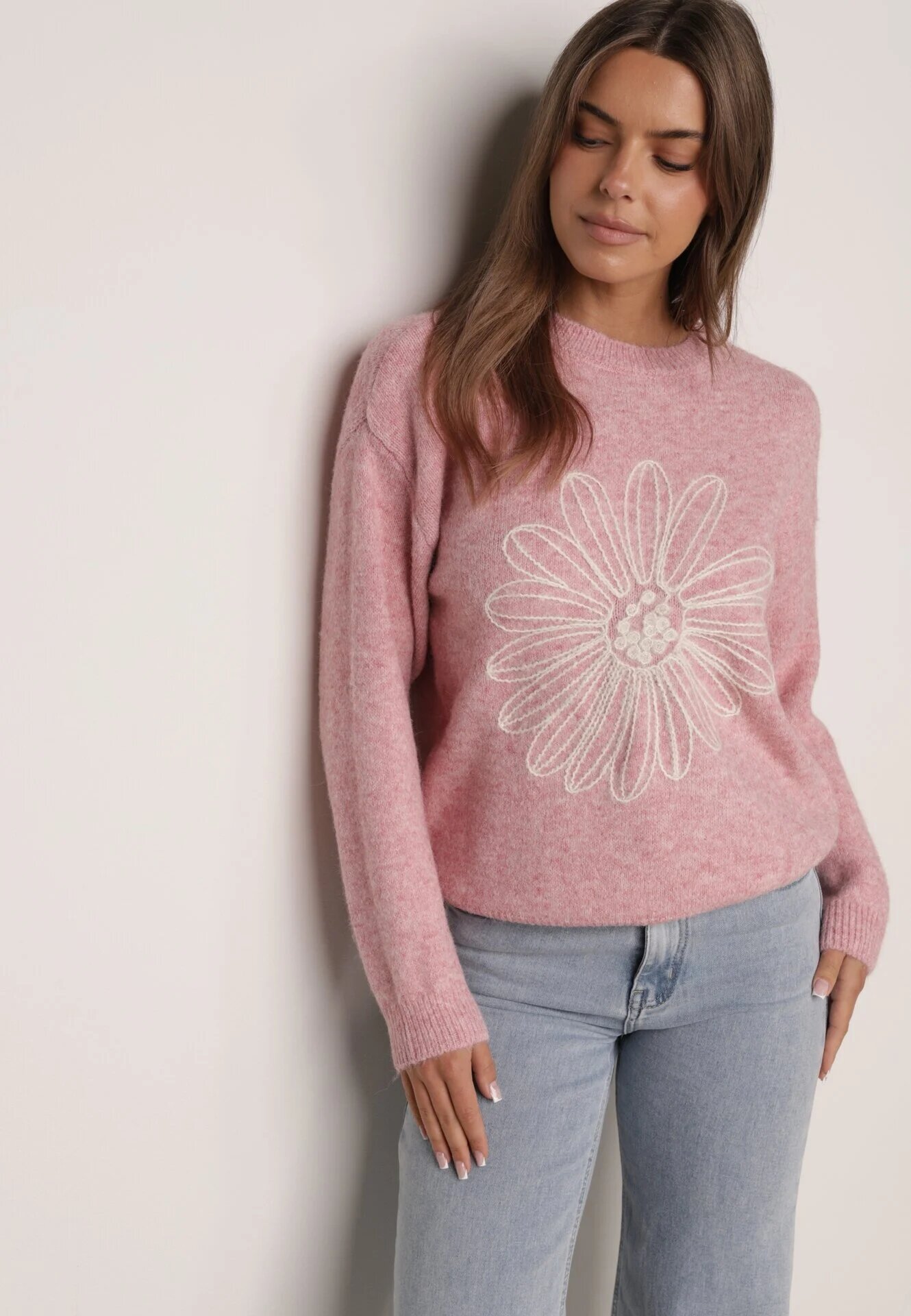 j&x Pulover din bumbac și lână decorat cu broderie florală în față Deta Roz