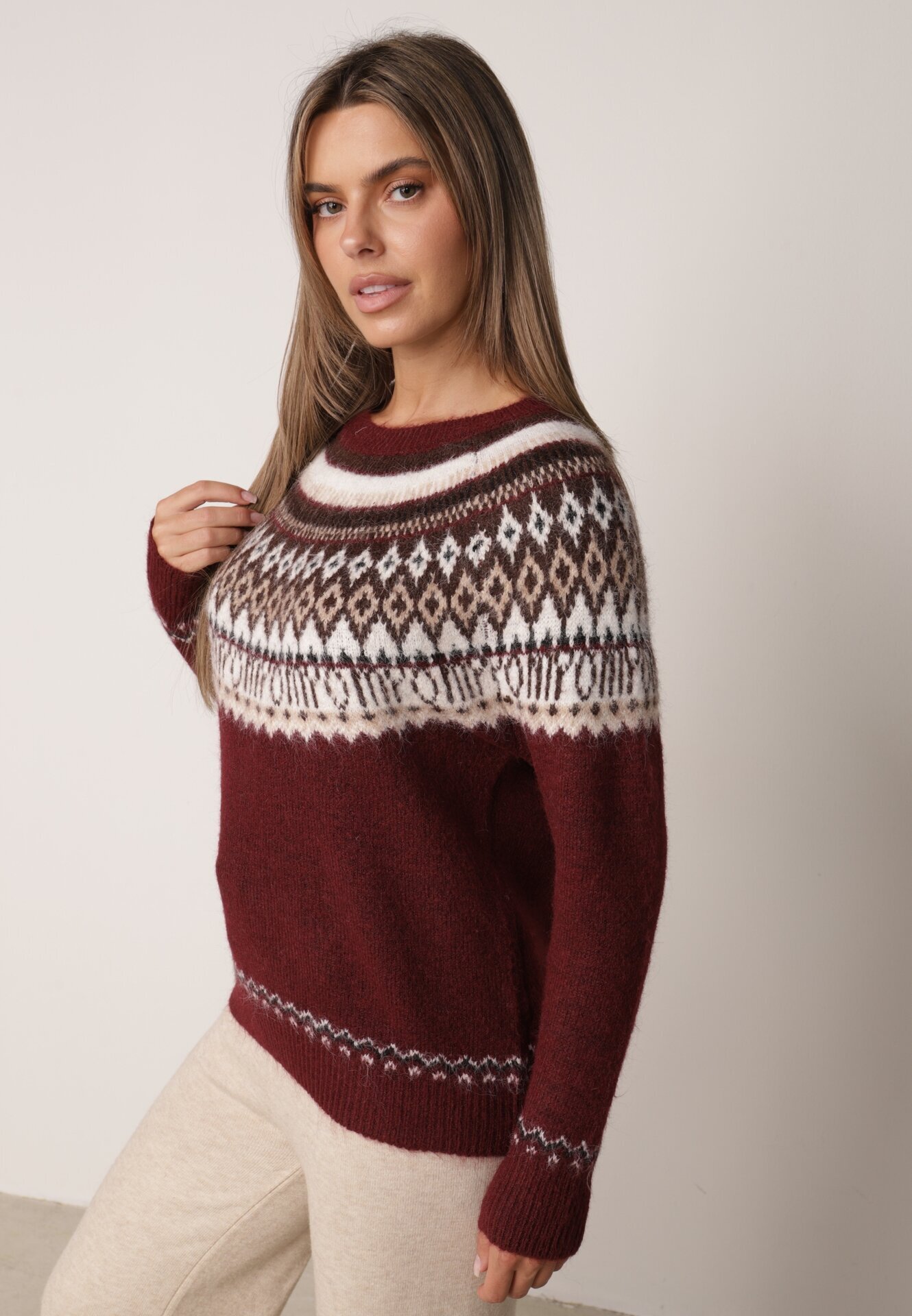 j&x Pulover din lână și bumbac cu model norvegian Asames Bordo