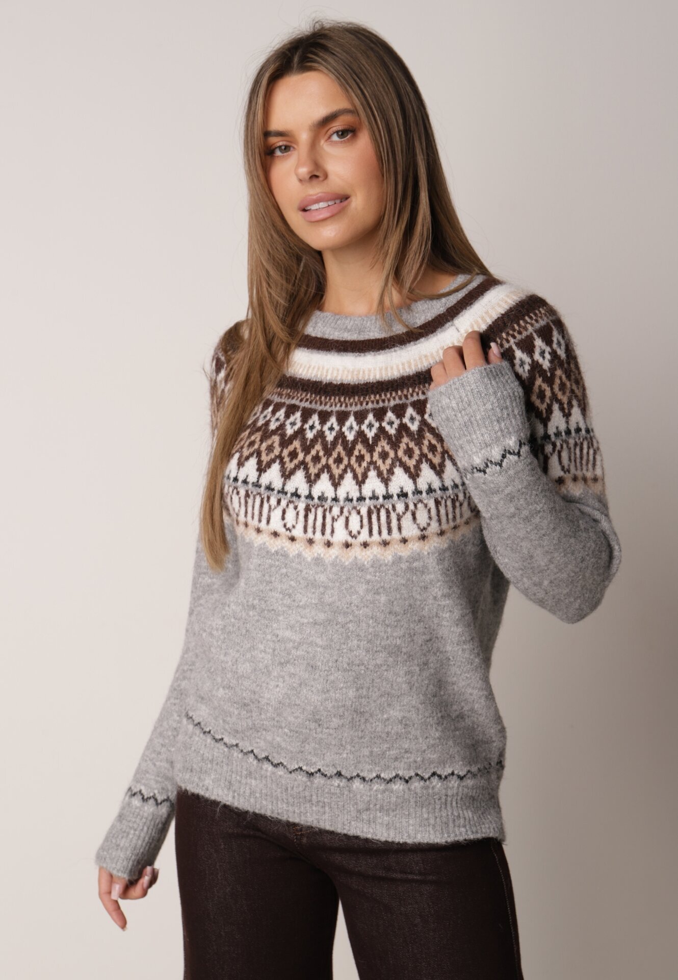 j&x Pulover din lână și bumbac cu model norvegian Asames Gri