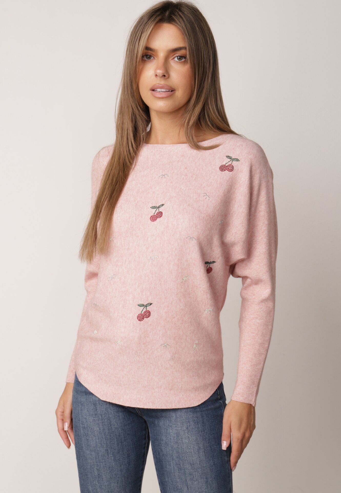 j&x Pulover din viscoză cu cireașe și zirconii Patin Bej Roz