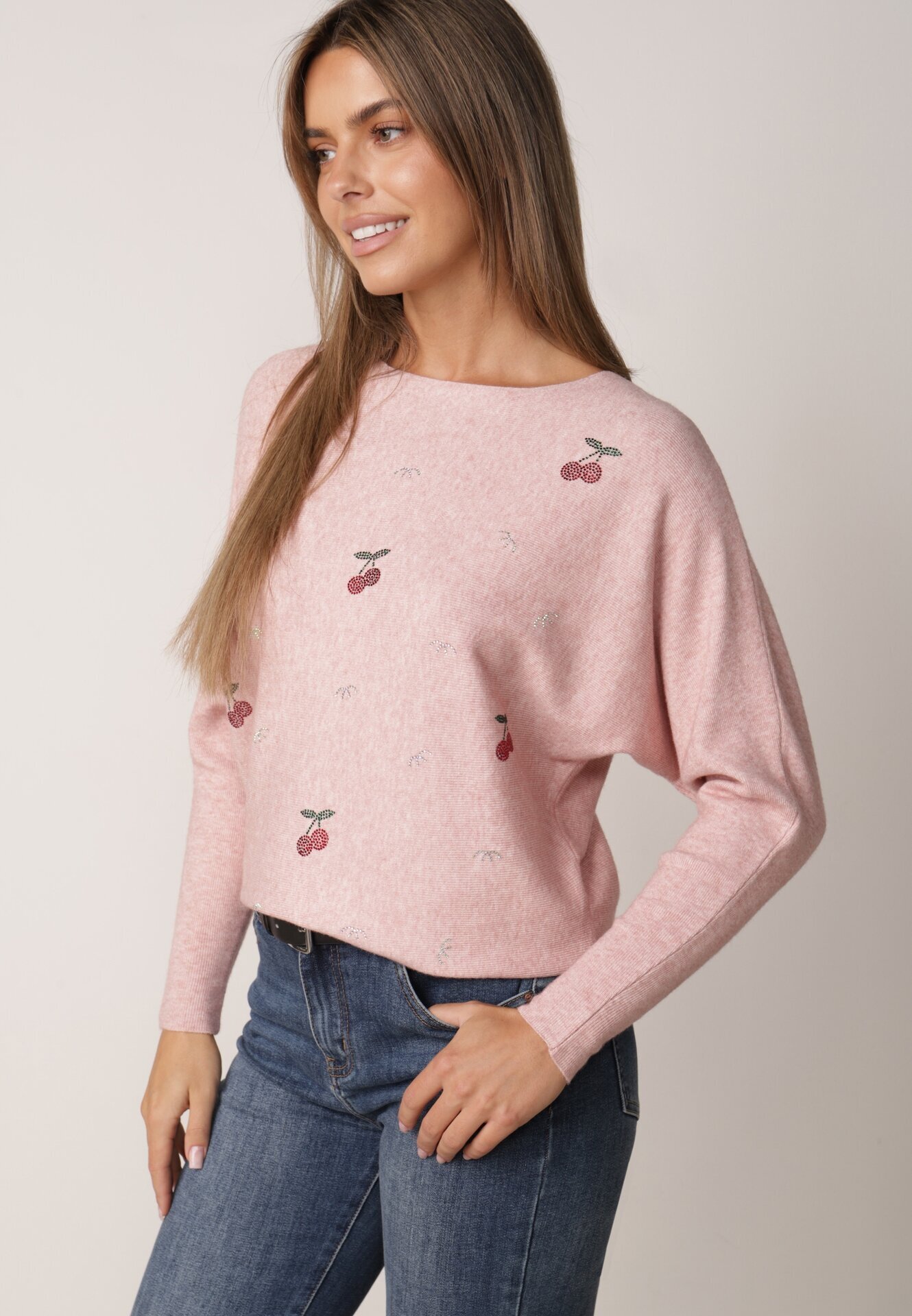j&x Pulover din viscoză cu cireașe și zirconii Patin Bej Roz