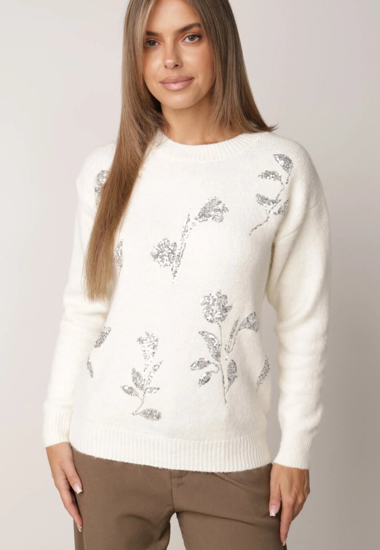 j&x Pulover elegant cu lână decorat cu paiete Querrida Bej deschis
