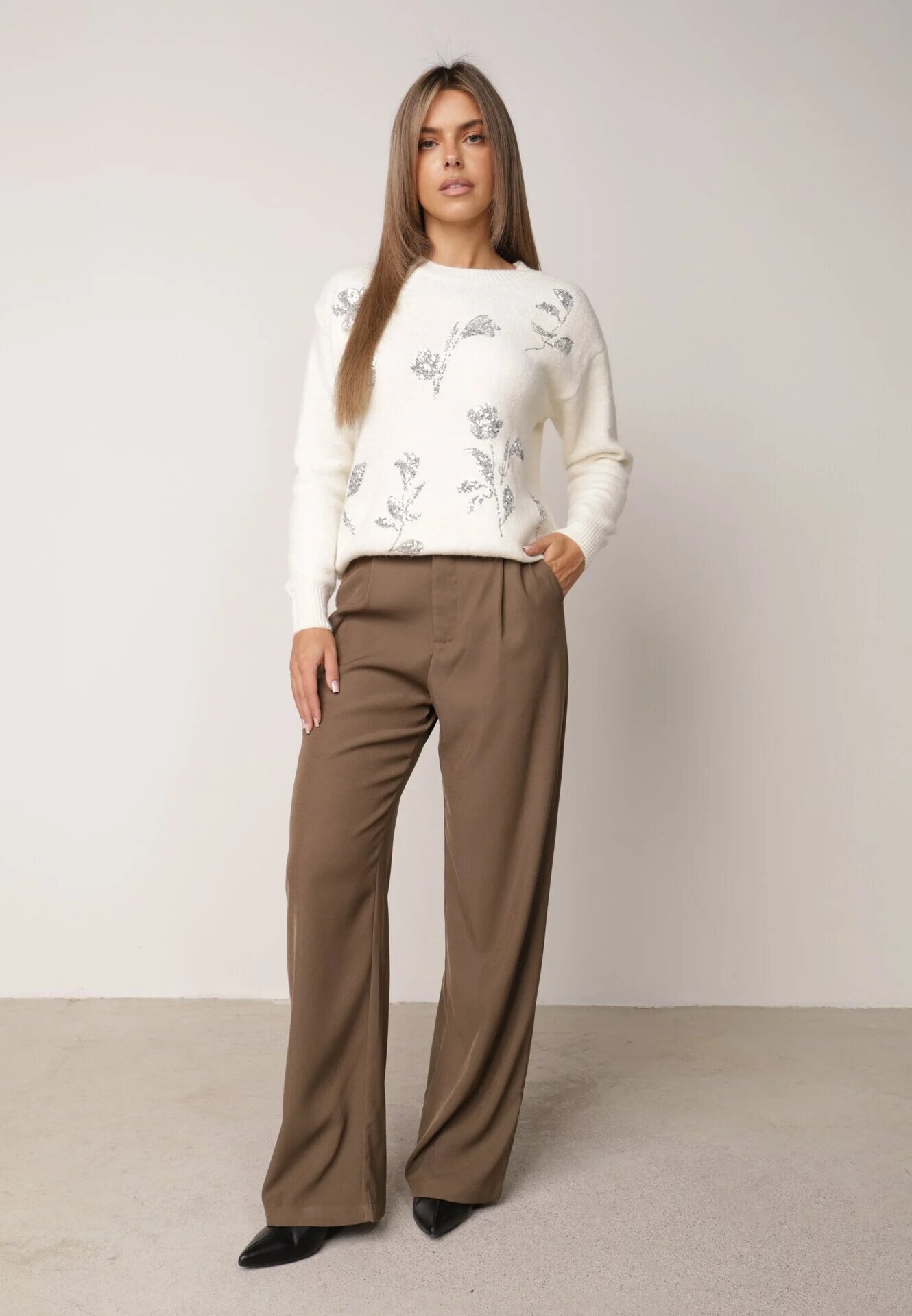 j&x Pulover elegant cu lână decorat cu paiete Querrida Bej deschis