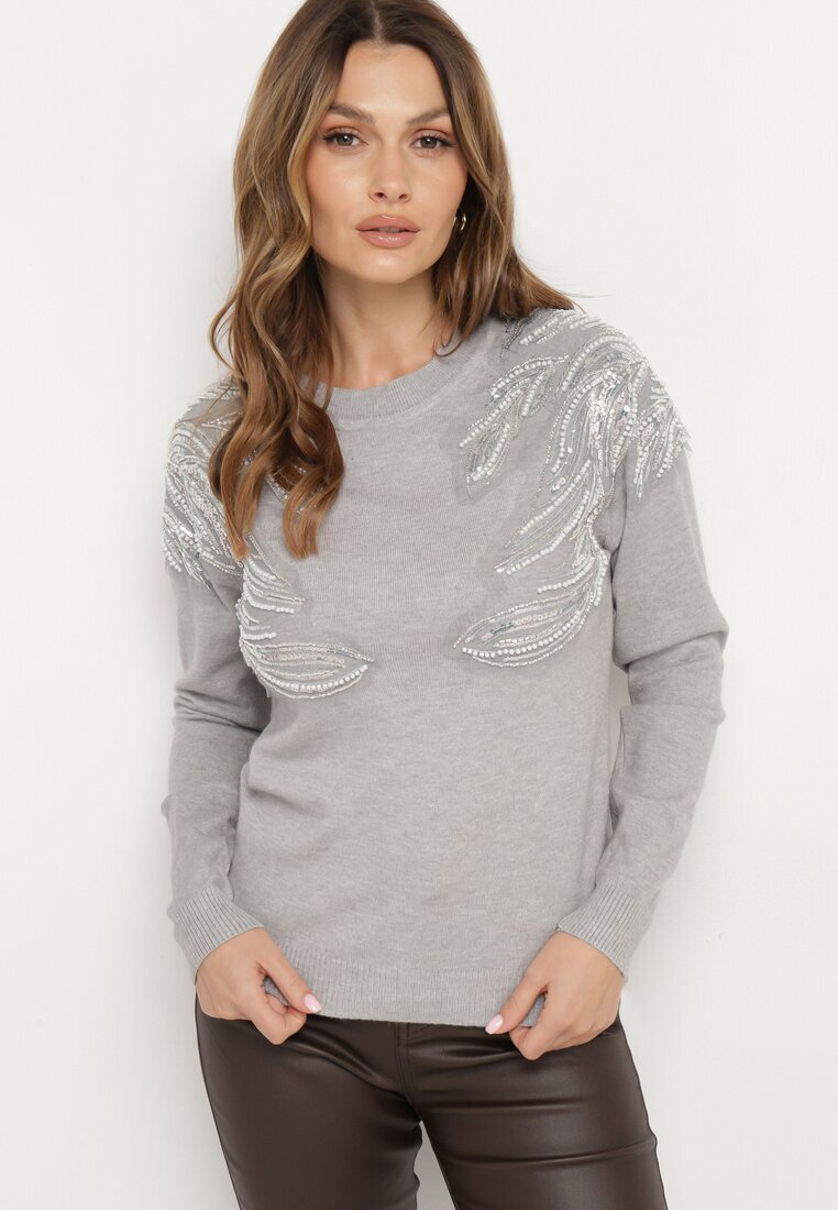j&x Pulover Gri deschis cu bumbac Decorat cu paiete Leanelwen