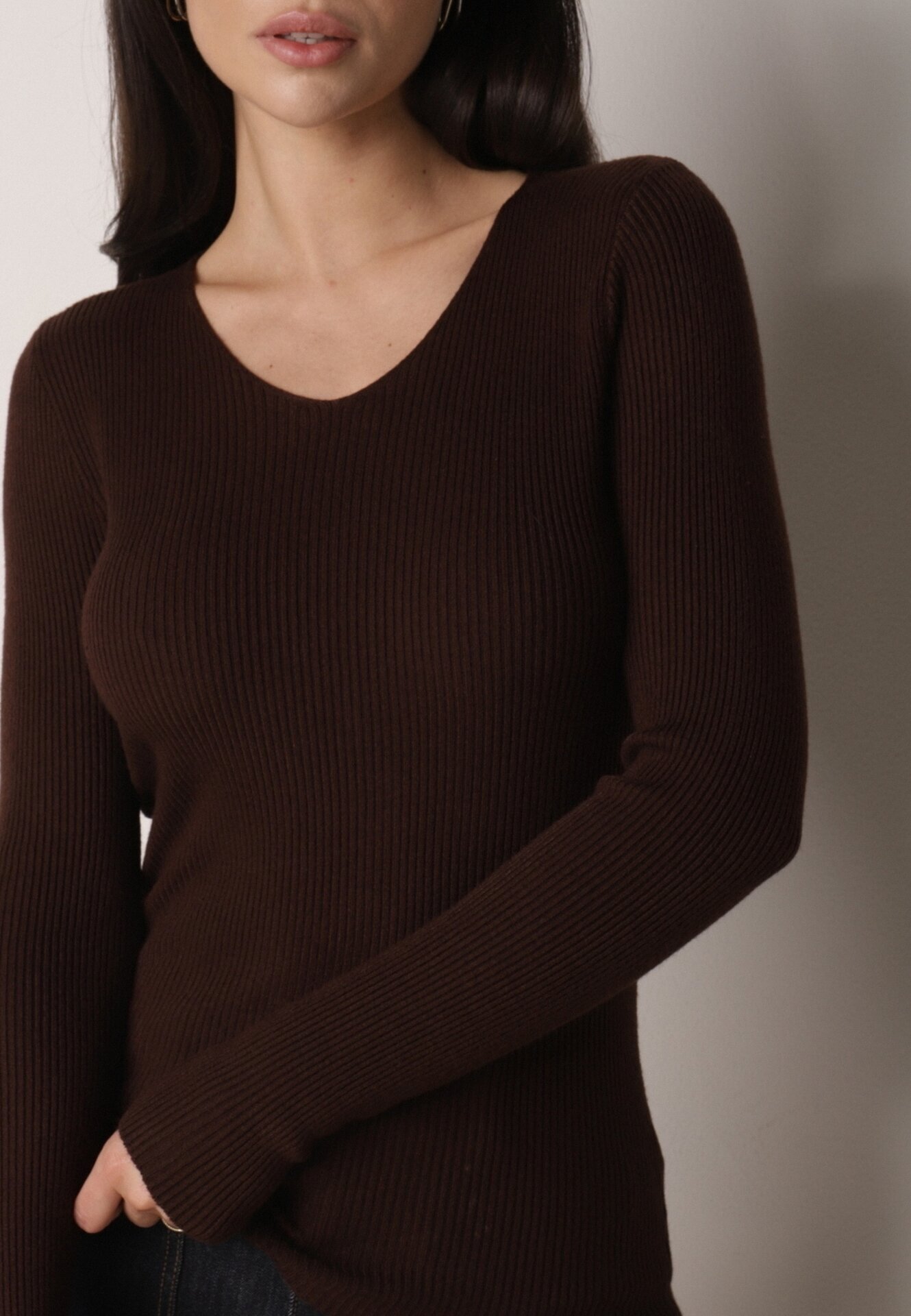 j&x Pulover Maro Mulat din tricot reiat cu bumbac cu decolteu în V Tesma