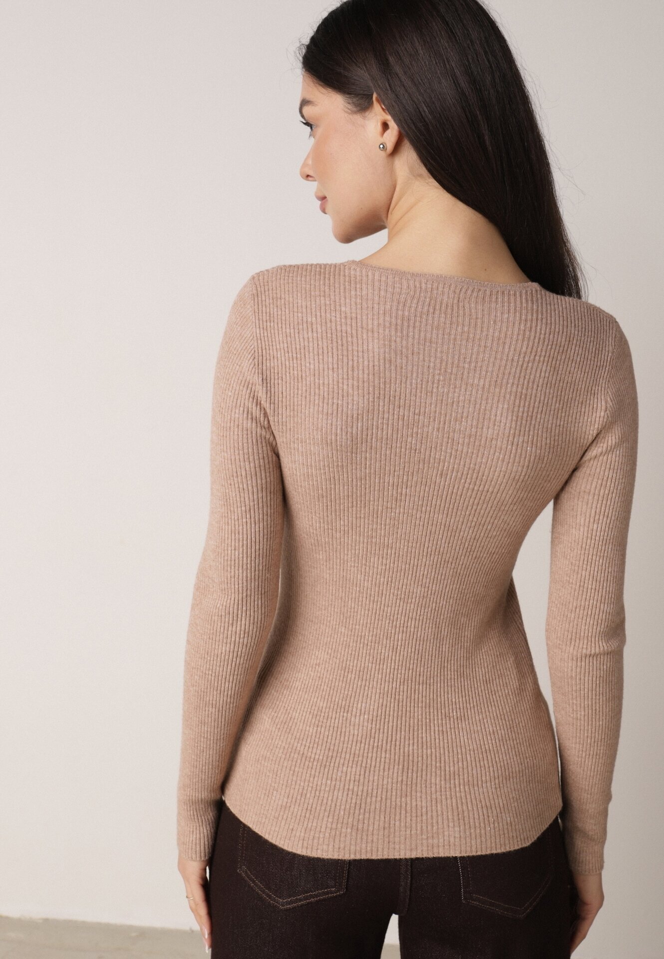 j&x Pulover Mulat Bej închis din tricot reiat cu bumbac cu decolteu în V Tesma