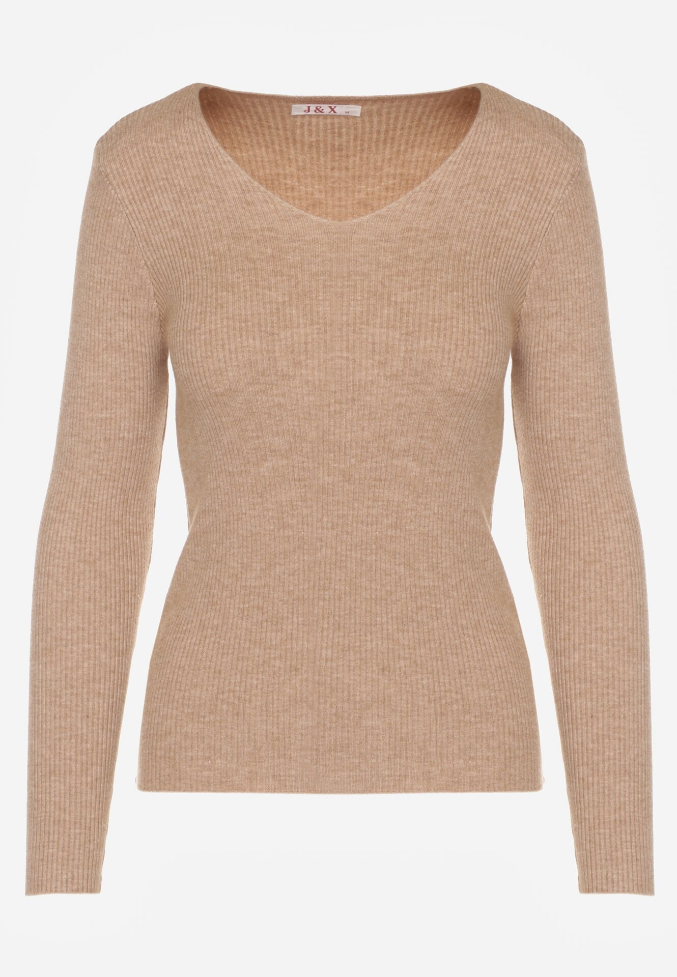 j&x Pulover Mulat Bej închis din tricot reiat cu bumbac cu decolteu în V Tesma