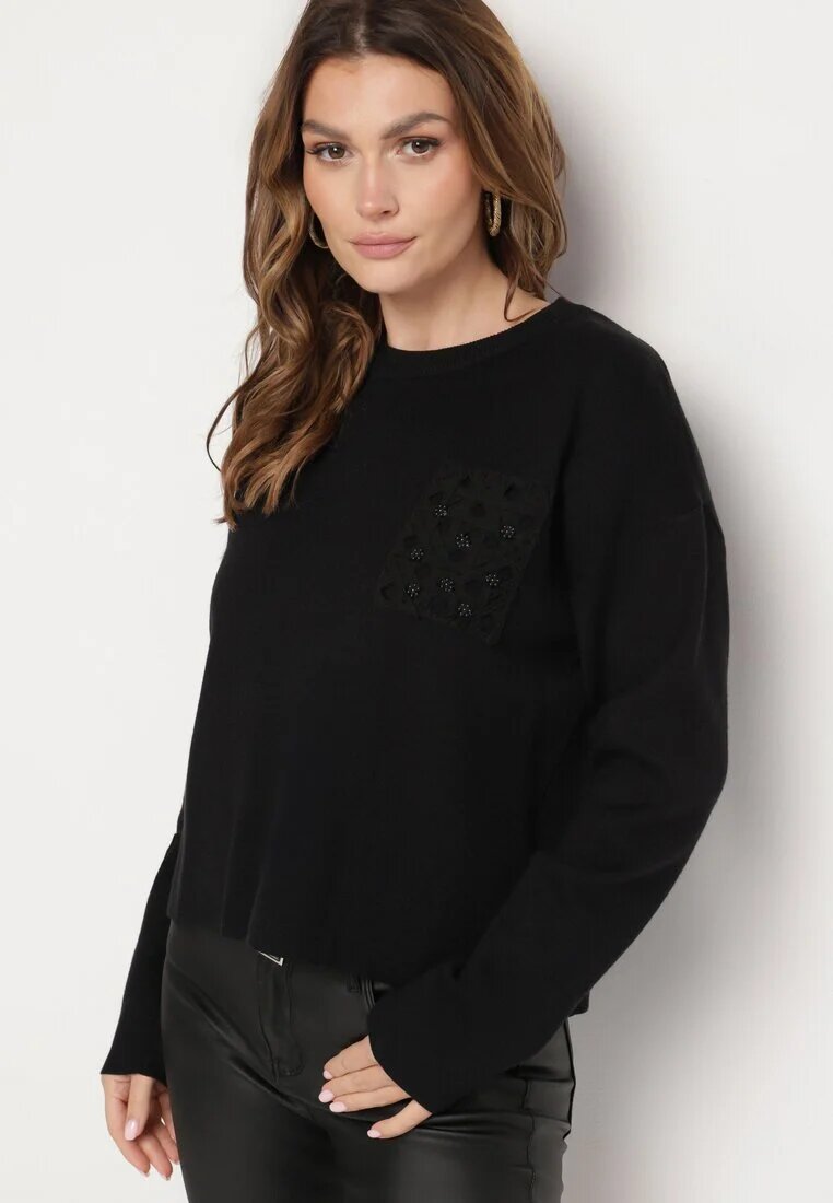 j&x Pulover Negru cu Croială Dreaptă cu Buzunar Decorativ Seaviraen