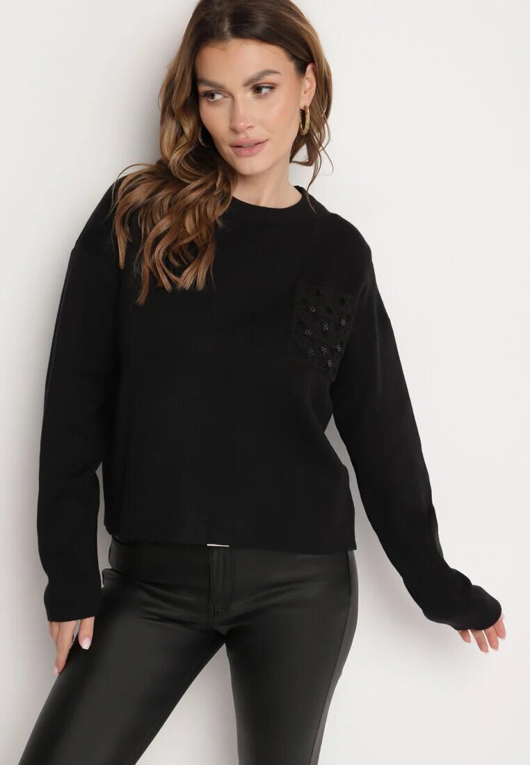 j&x Pulover Negru cu Croială Dreaptă cu Buzunar Decorativ Seaviraen