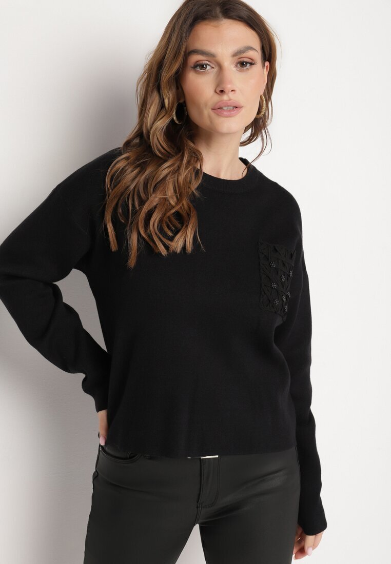j&x Pulover Negru cu Croială Dreaptă cu Buzunar Decorativ Seaviraen