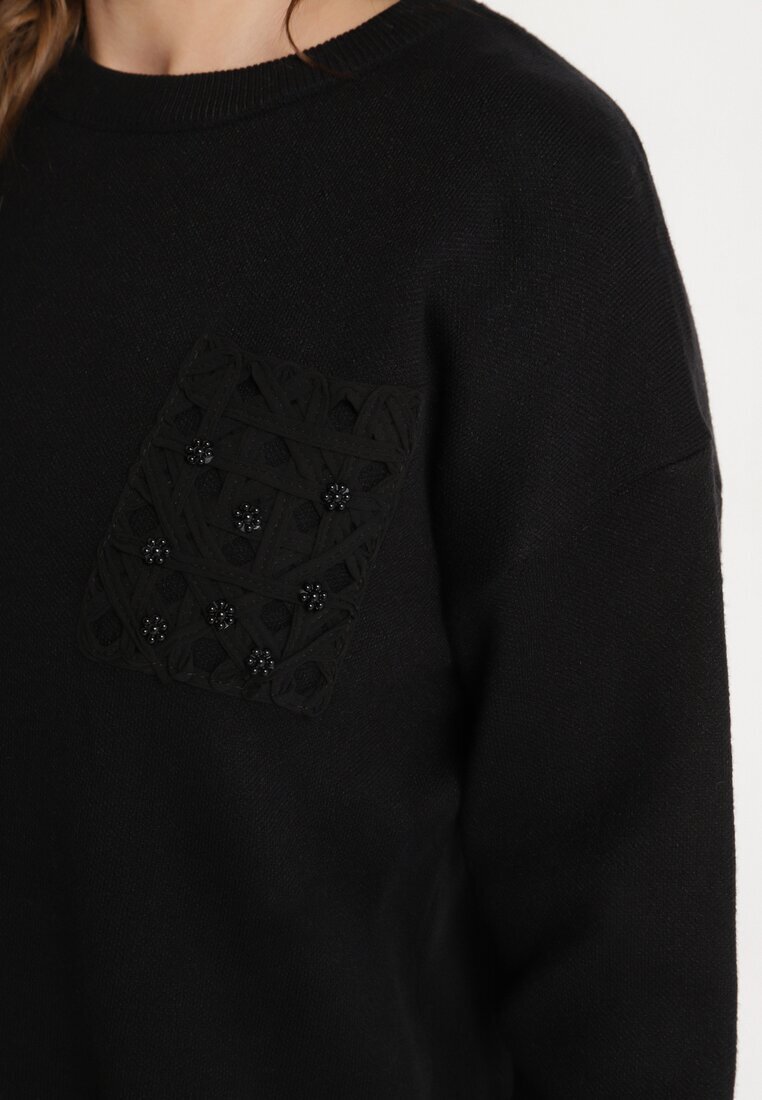 j&x Pulover Negru cu Croială Dreaptă cu Buzunar Decorativ Seaviraen
