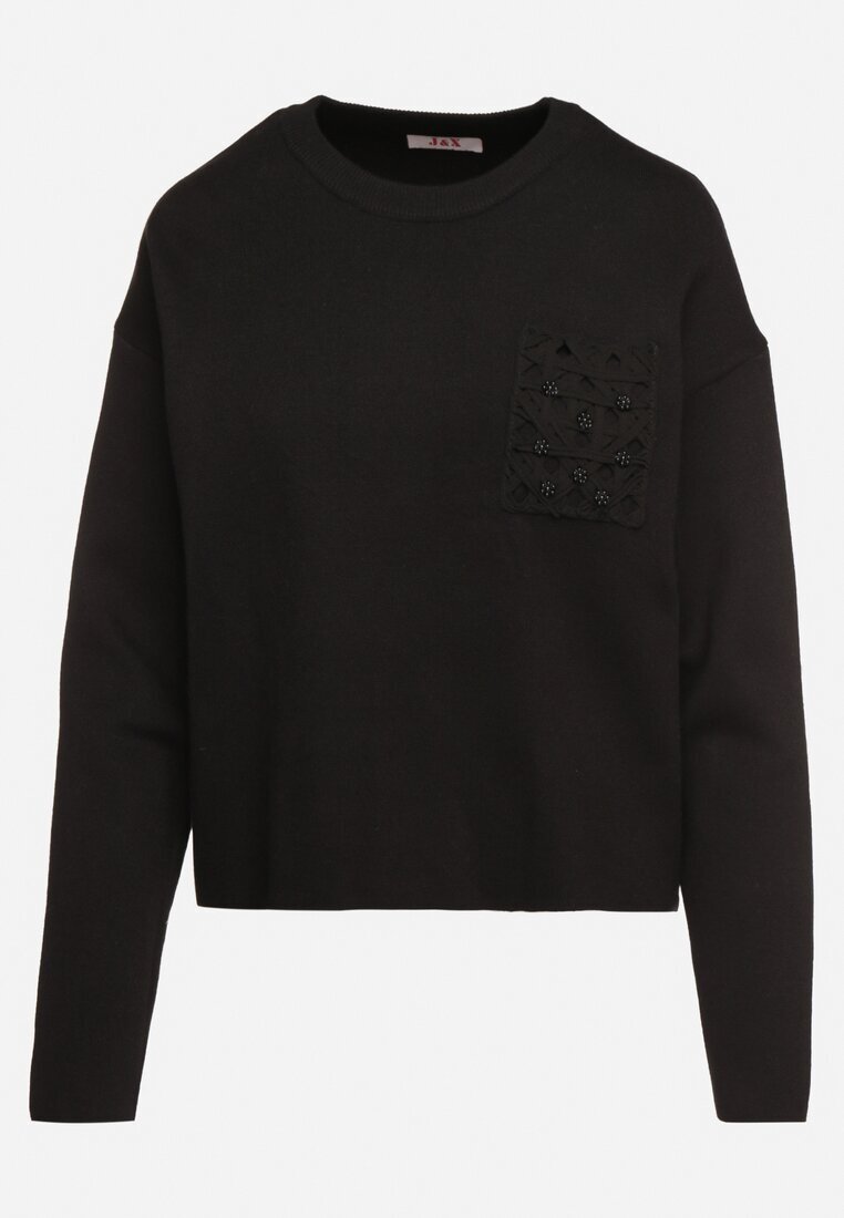j&x Pulover Negru cu Croială Dreaptă cu Buzunar Decorativ Seaviraen
