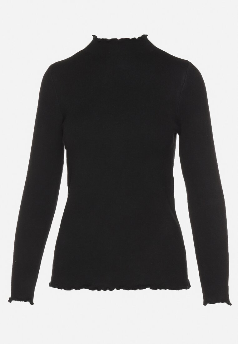 j&x Pulover Negru cu Lână și Volănaș Decorativ la Decolteu Seanoria