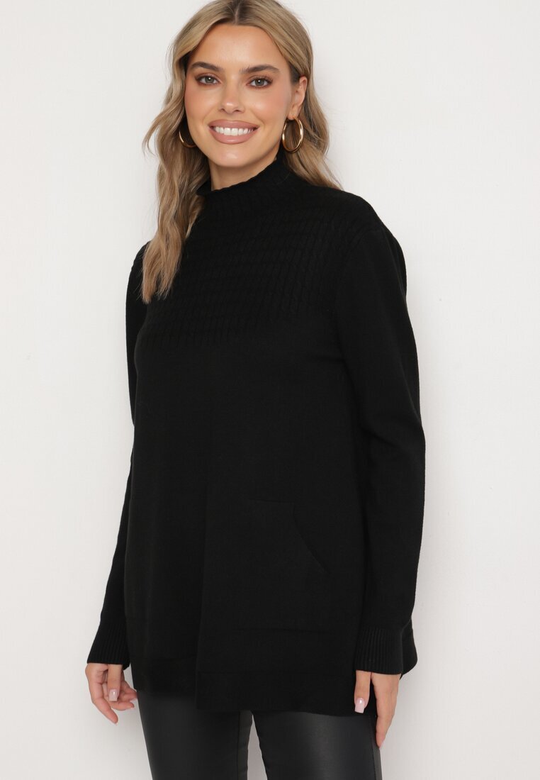 j&x Pulover Negru cu semiguler din bumbac și buzunar stil cangur Emirielia