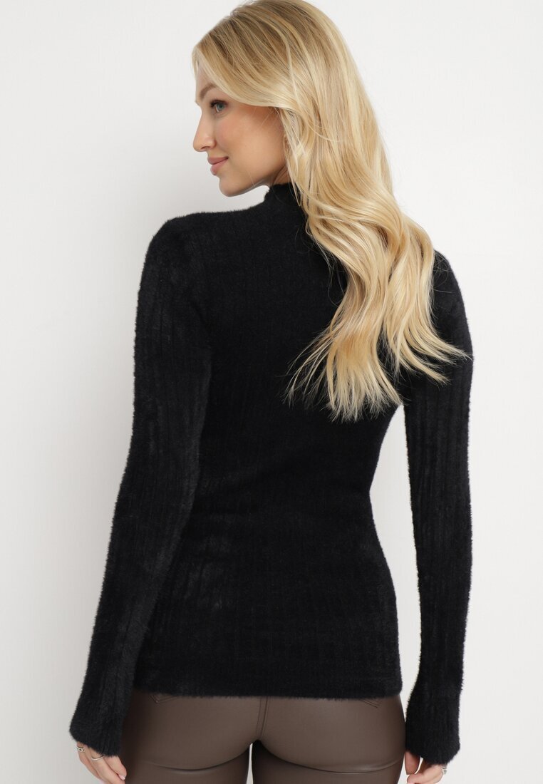 j&x Pulover Negru de Lână cu Puf Mai Lung și Nasturi Decorativi Avelio