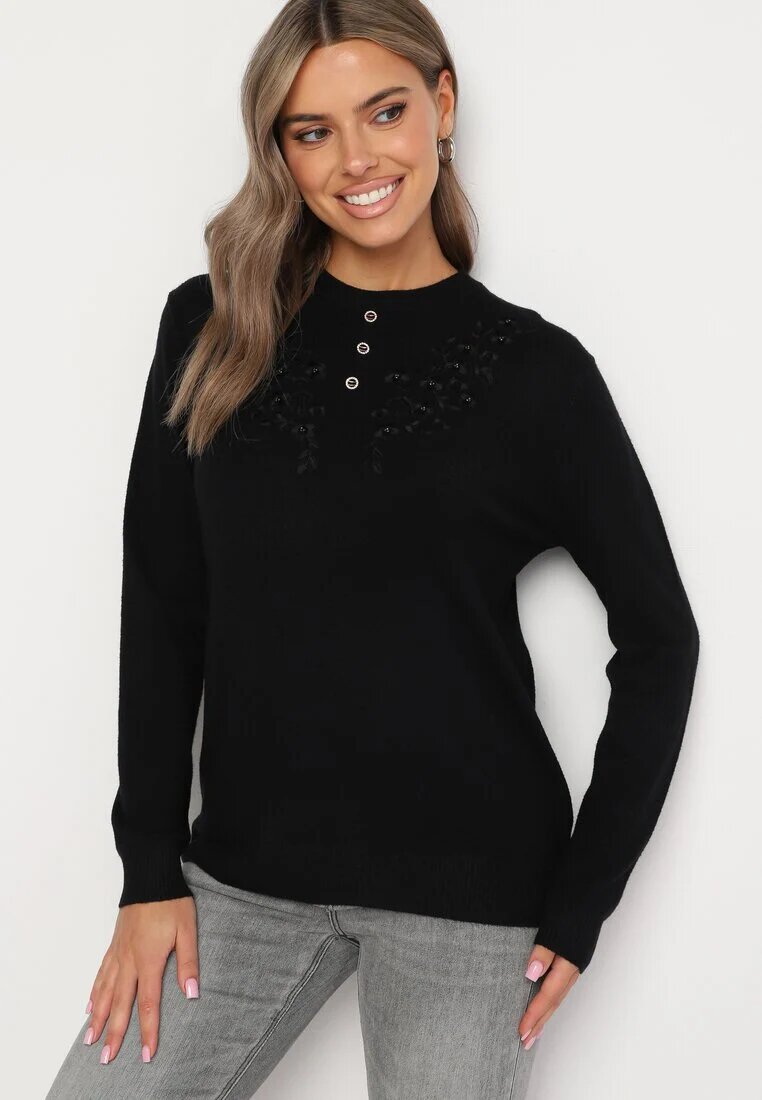 j&x Pulover Negru din bumbac și cu broderie decorativă și nasturi Merissan