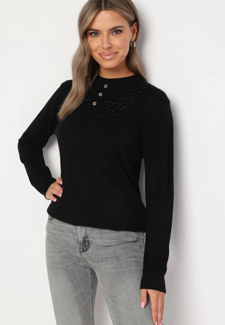 j&x Pulover Negru din bumbac și cu broderie decorativă și nasturi Merissan