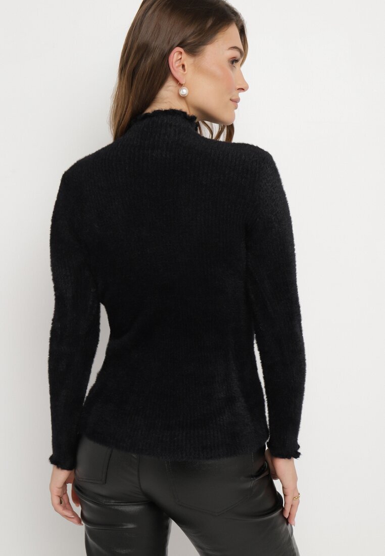 j&x Pulover Negru Pufoș de Lână cu Guler semi-înalt și Butoane Bijuterie Xeminta