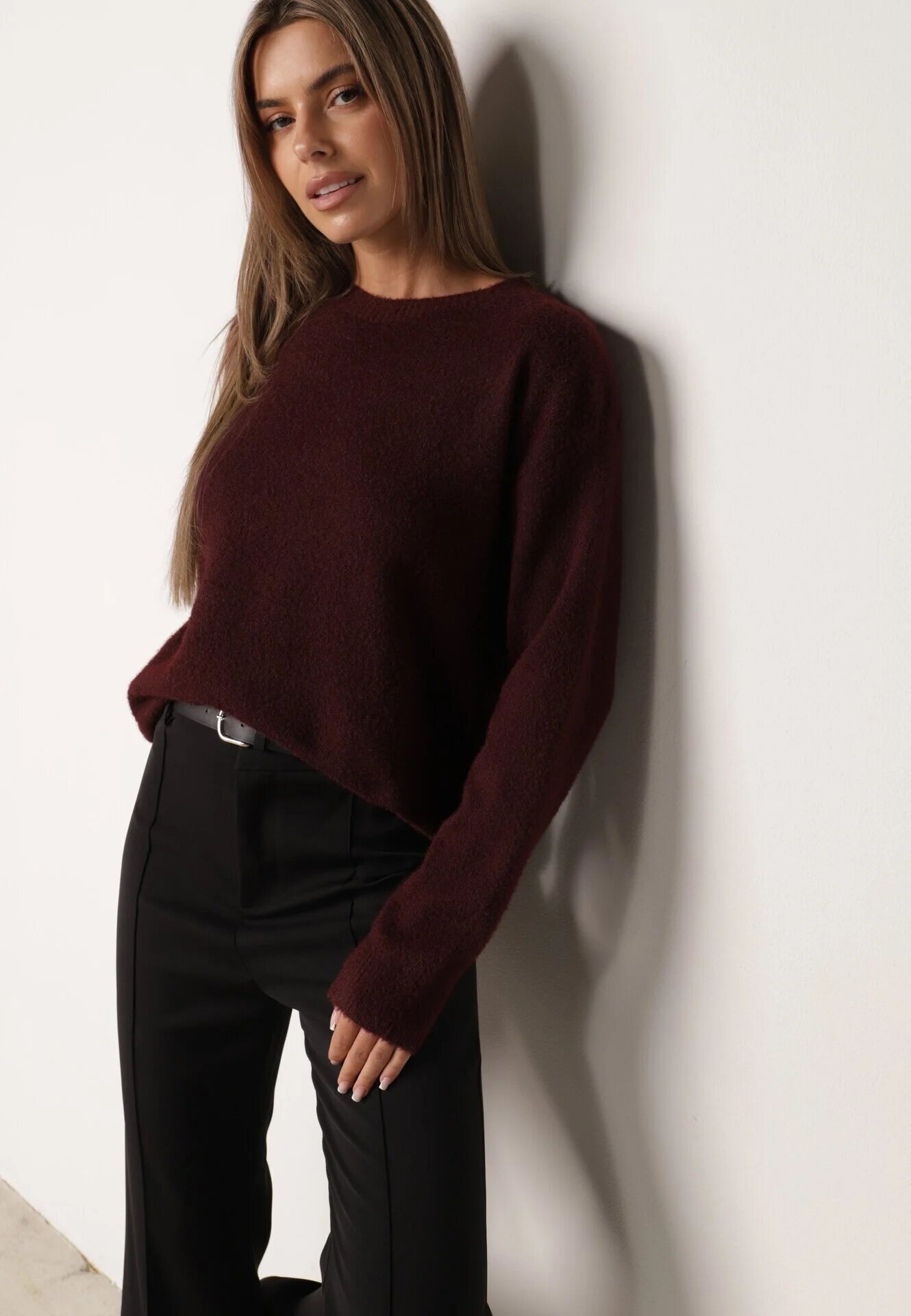 j&x Pulover oversize din lână și bumbac în stil minimalist Azrele Bordo