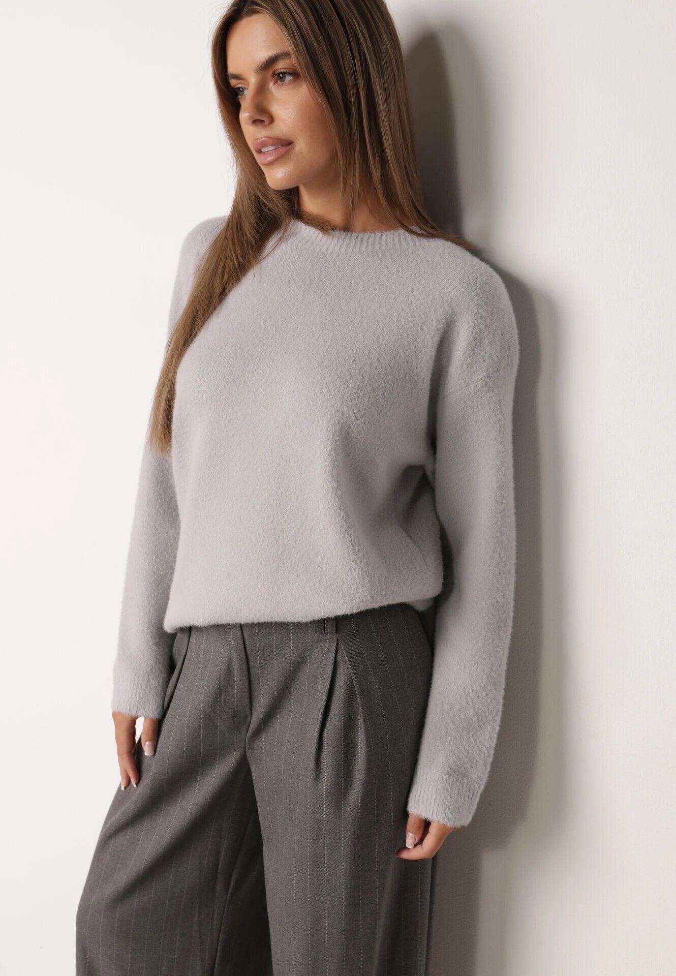 j&x Pulover oversize din lână și bumbac în stil minimalist Azrele Gri