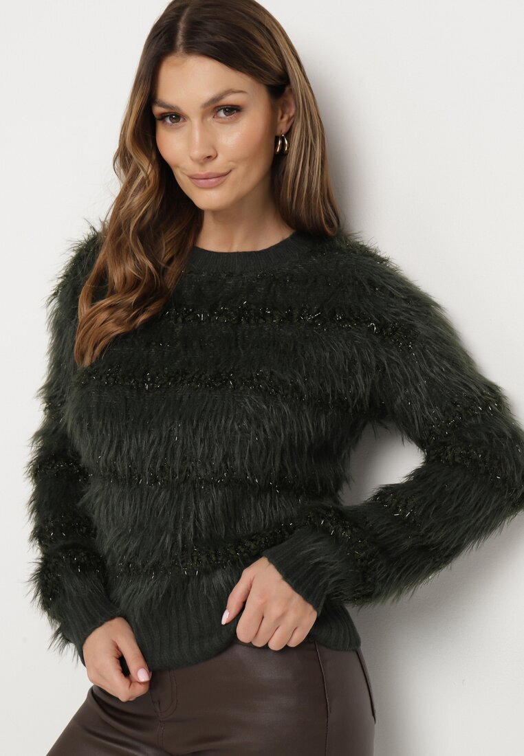 j&x Pulover Pufoș Verde închis cu Lână și Manșete Exenevia
