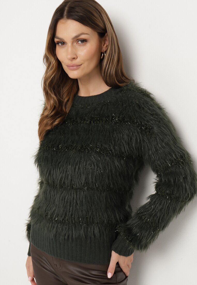 j&x Pulover Pufoș Verde închis cu Lână și Manșete Exenevia