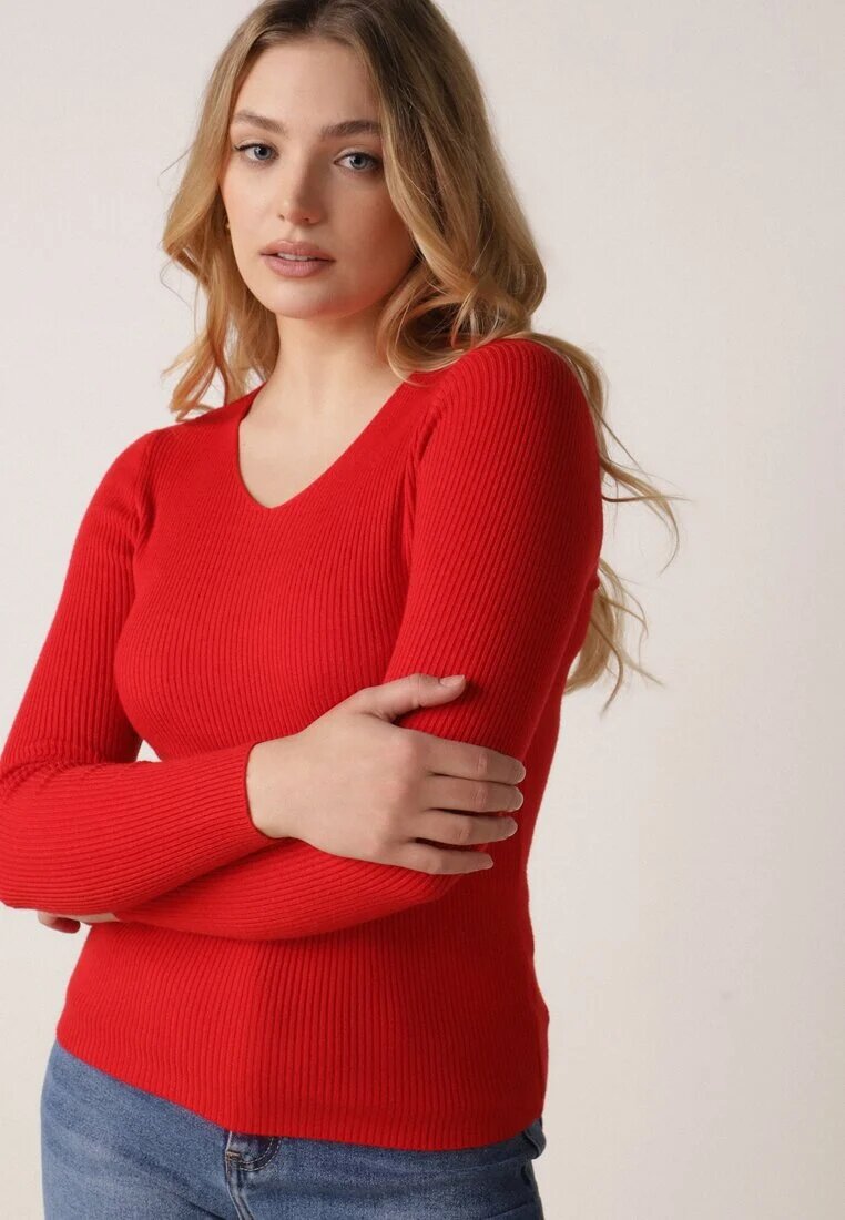 j&x Pulover roșu cambrat din tricot reiat cu bumbac cu decolteu în V Tesma