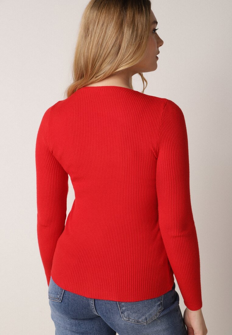 j&x Pulover roșu cambrat din tricot reiat cu bumbac cu decolteu în V Tesma