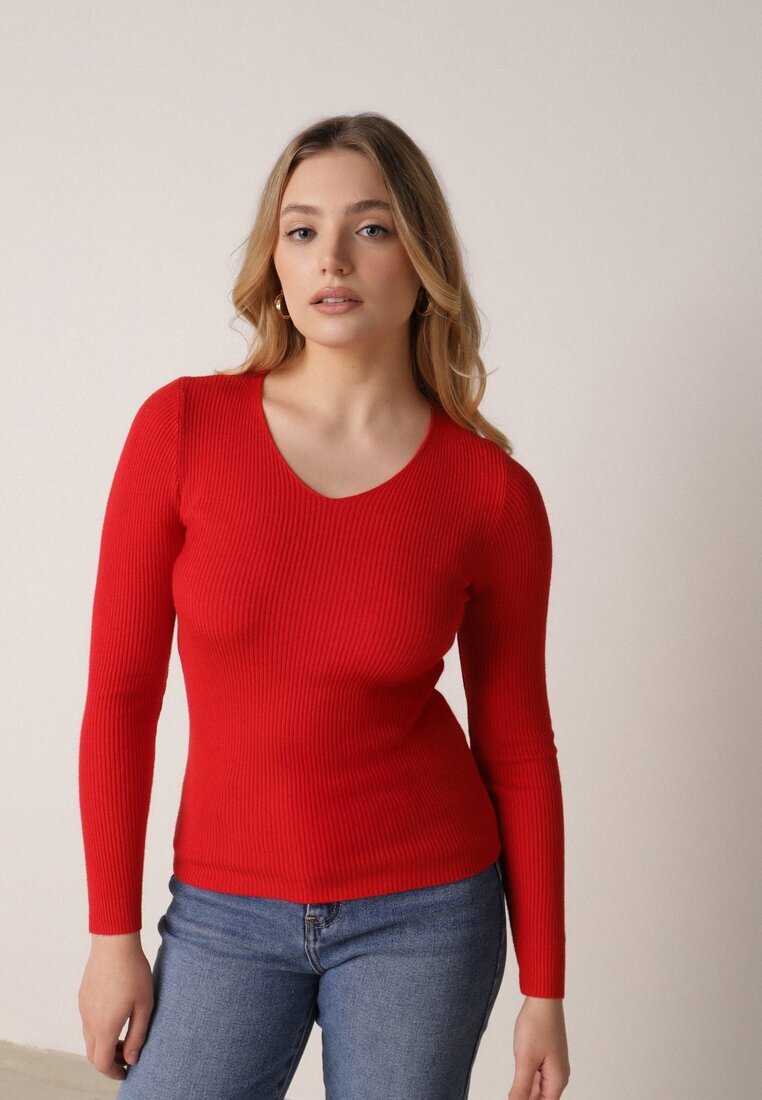j&x Pulover roșu cambrat din tricot reiat cu bumbac cu decolteu în V Tesma