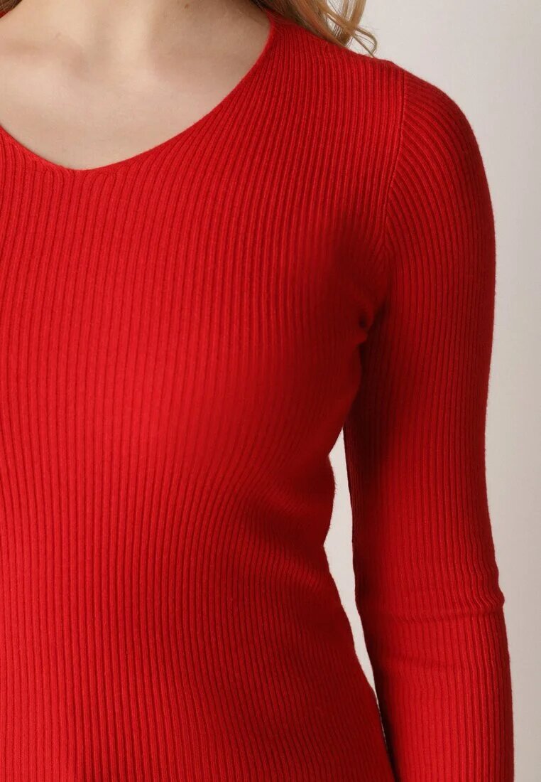 j&x Pulover roșu cambrat din tricot reiat cu bumbac cu decolteu în V Tesma