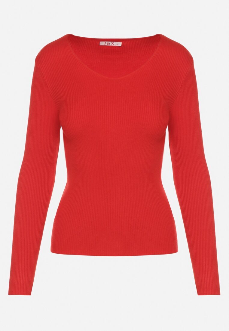 j&x Pulover roșu cambrat din tricot reiat cu bumbac cu decolteu în V Tesma