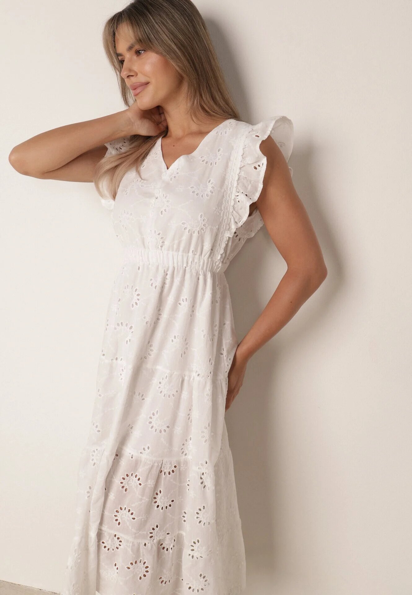 j&x Rochie Ajurată Albă cu Volan cu Croială Cloș Lirvolia