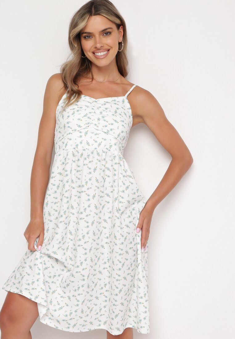 j&x Rochie Alb-Albastră Cloș cu Flori Mici cu bretele subțiri Reteri