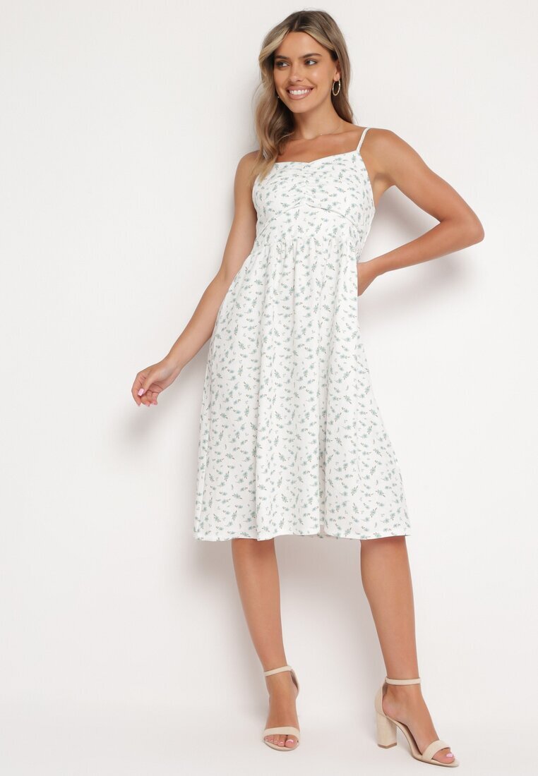 j&x Rochie Alb-Albastră Cloș cu Flori Mici cu bretele subțiri Reteri