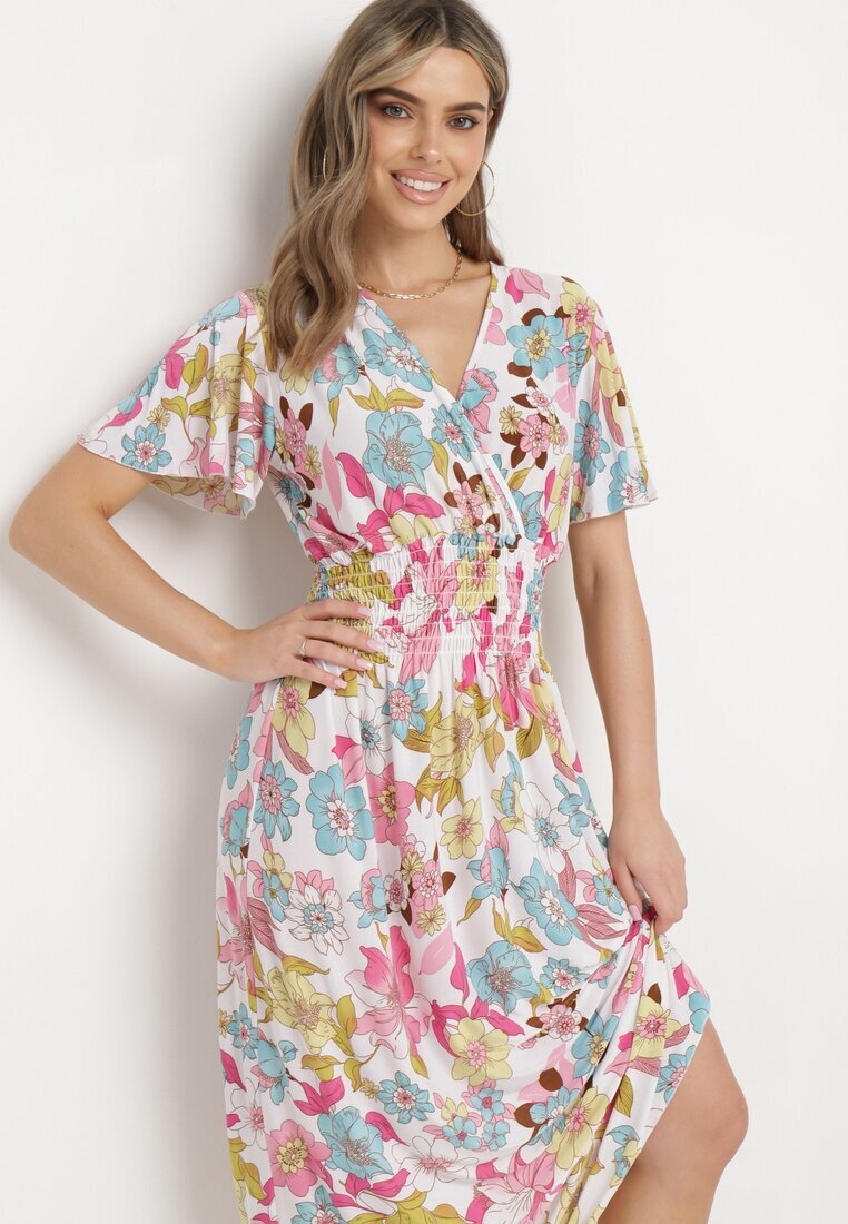 j&x Rochie Alb-Roz cu flori cu decolteu petrecut și elastic în talie Lomanda